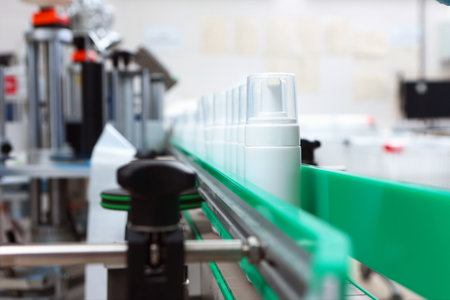 A white plastic bottle is moving along a conveyor belt. Production of cosmetics and skin care products. A capping and labeling machine.の写真素材