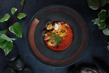 Thai Tom Yam soup with seafood. Large mussels. Asian cuisine. An exquisite serving of Tom Yam soup....