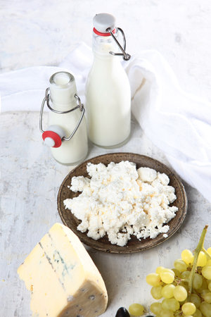 Natural dairy products. Cottage cheese, milk and cheese on light background. Fresh dairy products.の写真素材
