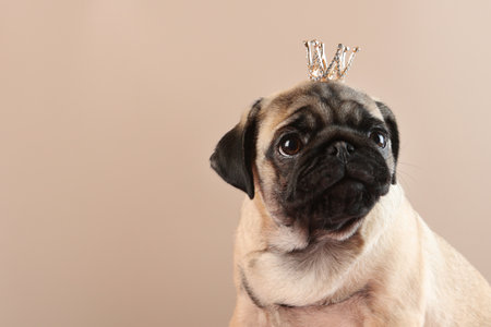 Cute pug dog with crown on his head. Copy space. Beige background.の写真素材