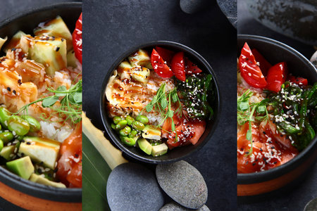 Photo collage. Poke salad with salmon. Delicious and hearty dish with fish. Natural omega.の写真素材
