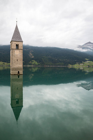 Church tower of Lago di Resia - Curon Venosta, South Tirol of Italyの写真素材