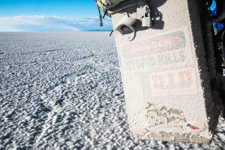 Salt danger for motorcycle in Salar de Uyuni Boliviaの写真素材