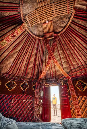 View from the inside of a yurt, Uzbekistanの写真素材