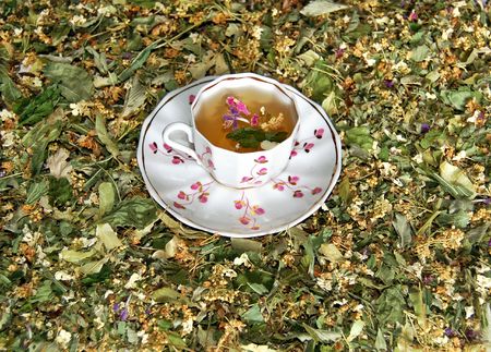 Flower tea in the cup against a background of dry flower teaの写真素材