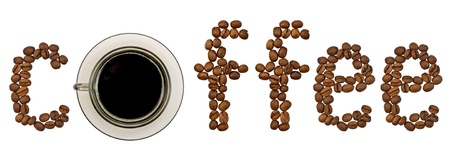 Word of coffee beans with a cup of coffee from a brown glass isolated on white backgroundの写真素材