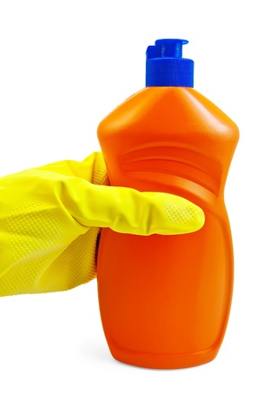 A bottle of orange with a detergent, hand in glove yellow isolated on a white backgroundの写真素材