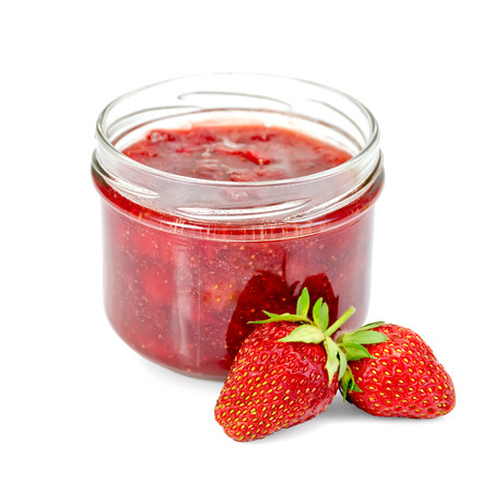 Strawberry jam in a glass jar, berry of strawberry isolated on white backgroundの写真素材