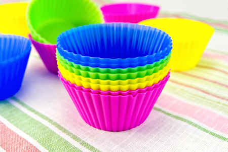 Molds for cupcakes on fabricの写真素材