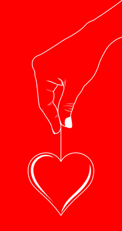 Heart hanging on a cord in the woman's hand made white outline on a red backgroundのイラスト素材