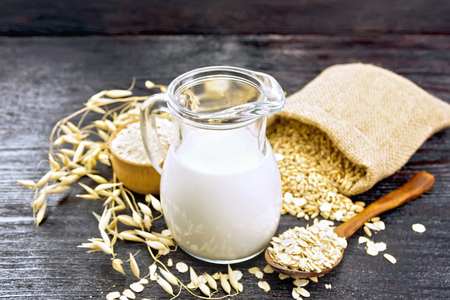 Oat milk in a jug, flour in bowl, oatmeal in a spoon, grain in bag, oaten stalks on the  of dark...