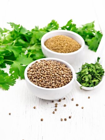 Coriander seeds and ground in two bowls, dried cilantro in a spoon, seasoning greens on wooden board backgroundの写真素材