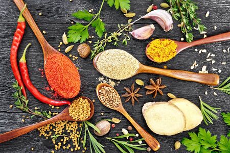 Hot pepper, ginger, fenugreek, turmeric in spoons, nutmeg, cardamom, star anise and coriander,...