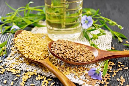 Flaxseeds white and brown in two spoons, stalks of flax with blue flowers and green leaves on burlap, oil in a bottle on wooden board backgroundの写真素材