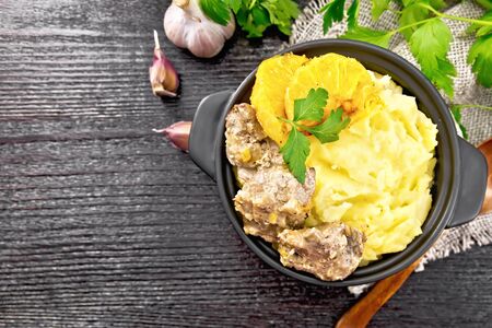 Chicken liver stewed with oranges, sour cream, soy sauce and Provence herbs in a small pan with...