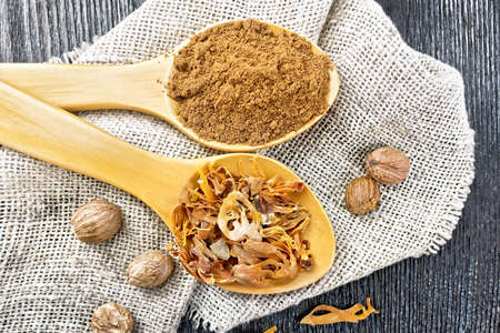 Dried nutmeg arillus and ground nutmeg in two spoons, whole nuts on burlap on a wooden board background from aboveの写真素材