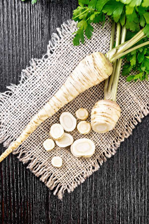 Parsley roots whole and chopped with green tops on a burlap napkin and a knife on dark wooden board background from aboveの写真素材