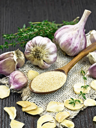 Ground garlic in a spoon on burlap, dried and fresh garlic, bunch of thyme on the background of wooden boardの写真素材