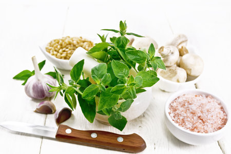 Branches of fresh oregano with green leaves in a mortar, champignons, pink Himalayan salt, pine nuts, garlic and a knife on light wooden board backgroundの写真素材