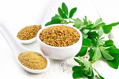 Fenugreek seeds in bowl and spoon, ground spice in spoon with green leaves on wooden board backgroundの写真素材