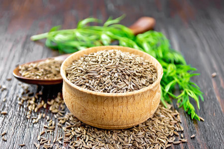 Cumin seeds in bowl, spoon and on table, green sprig of caraway on background of wooden boardの写真素材