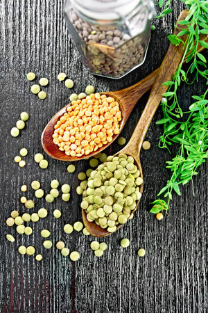 Green and red lentils in two spoons, brown lentils in a glass jar on a wooden board background from aboveの写真素材