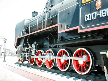 Krasnoyarsk, Russia - February 10, 2019: Open-air museum exhibit of a steam locomotive.