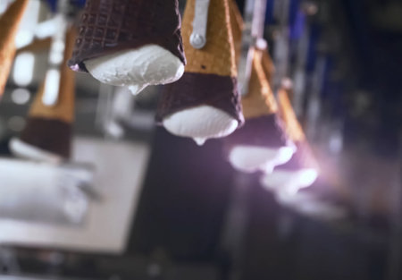 Ice cream cones on a conveyor. Ice cream factory.
