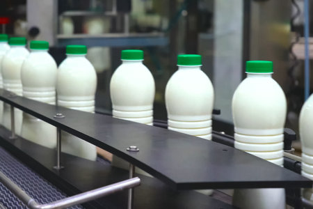 Milk production at the plant. Conveyor line of the dairy plant.