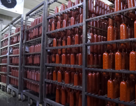 Sausages hang on the rack. Sausage factory.の写真素材