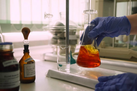 Test tubes and flasks with multi-colored liquids in the laboratory. Chemical reagents in the...