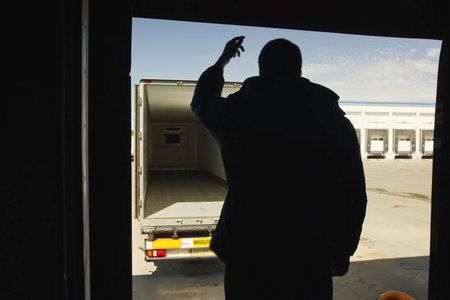 The worker waves his hand, guiding the truck driver when entering the hangar. Cargo transportation...