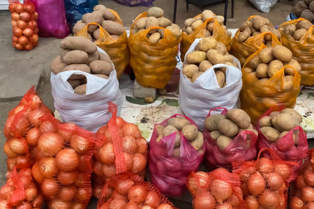 Potatoes in bags and in a net. Packaged potatoes on the counterの写真素材