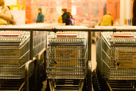 Shopping cards in a supermarket. Shopping carts parked in the parking lot.