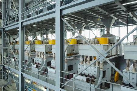Sifting rice in the factory. Rice sieving conveyor.