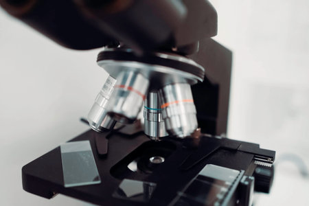 Optical microscope with interchangeable lenses. microscopic examinations.