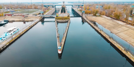 Navigable lock on the river. Different water levels in the canal.