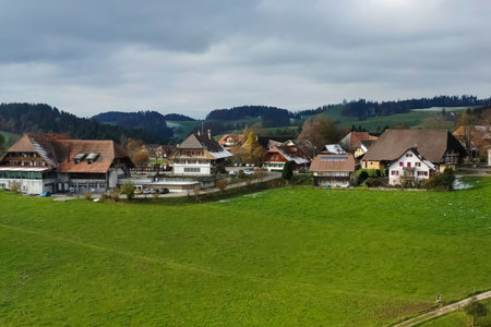 Swiss village, houses among the hills.