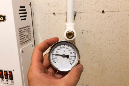 A man touches the pressure gauge on the heating pipe of the house with his hand.