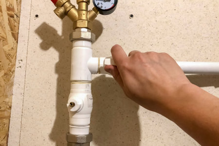 Faucet on a plastic heating pipe coming out of the boilerの写真素材