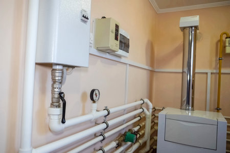 Heating equipment for a private home gas boiler roomの写真素材