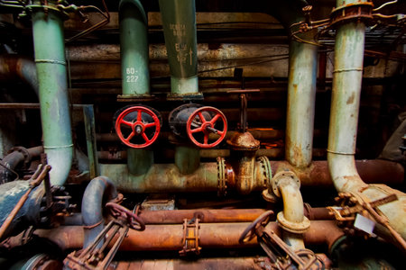 Valves and pipes assembly at a water treatment plant.の写真素材