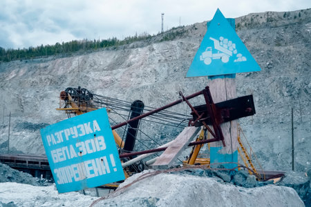 signs in the quarry with the description, unloading of mining dump