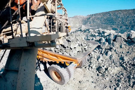 Picking and filling with an excavator bucket of crushed stone from