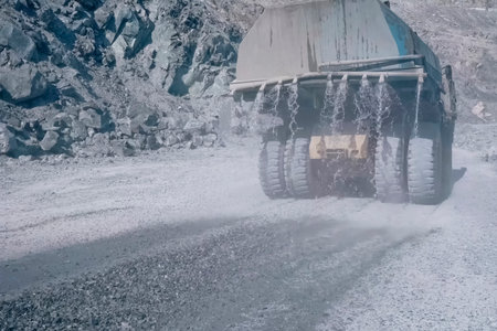 The sprinkler pours water on the road in the quarry,の写真素材