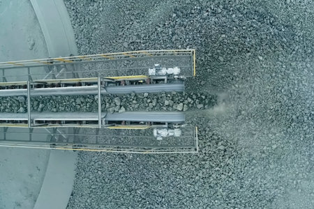 pouring of the finished fraction of crushed stone after crushing