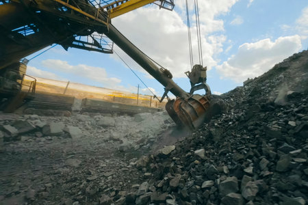Picking and filling with an excavator bucket of crushed stone