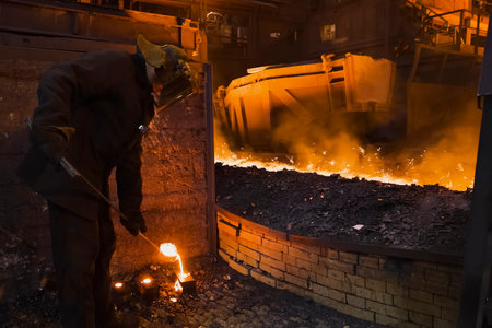 Work of a furnace in the workshop of a steel plant.
