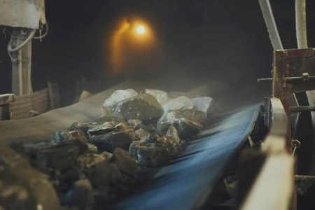 The stones of the ore crushed in the stone crusher are coming through the belt. Screen in a gold...