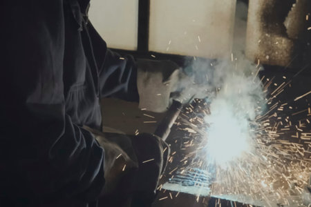 A welder is welding metal and sparks are pouring from welding.